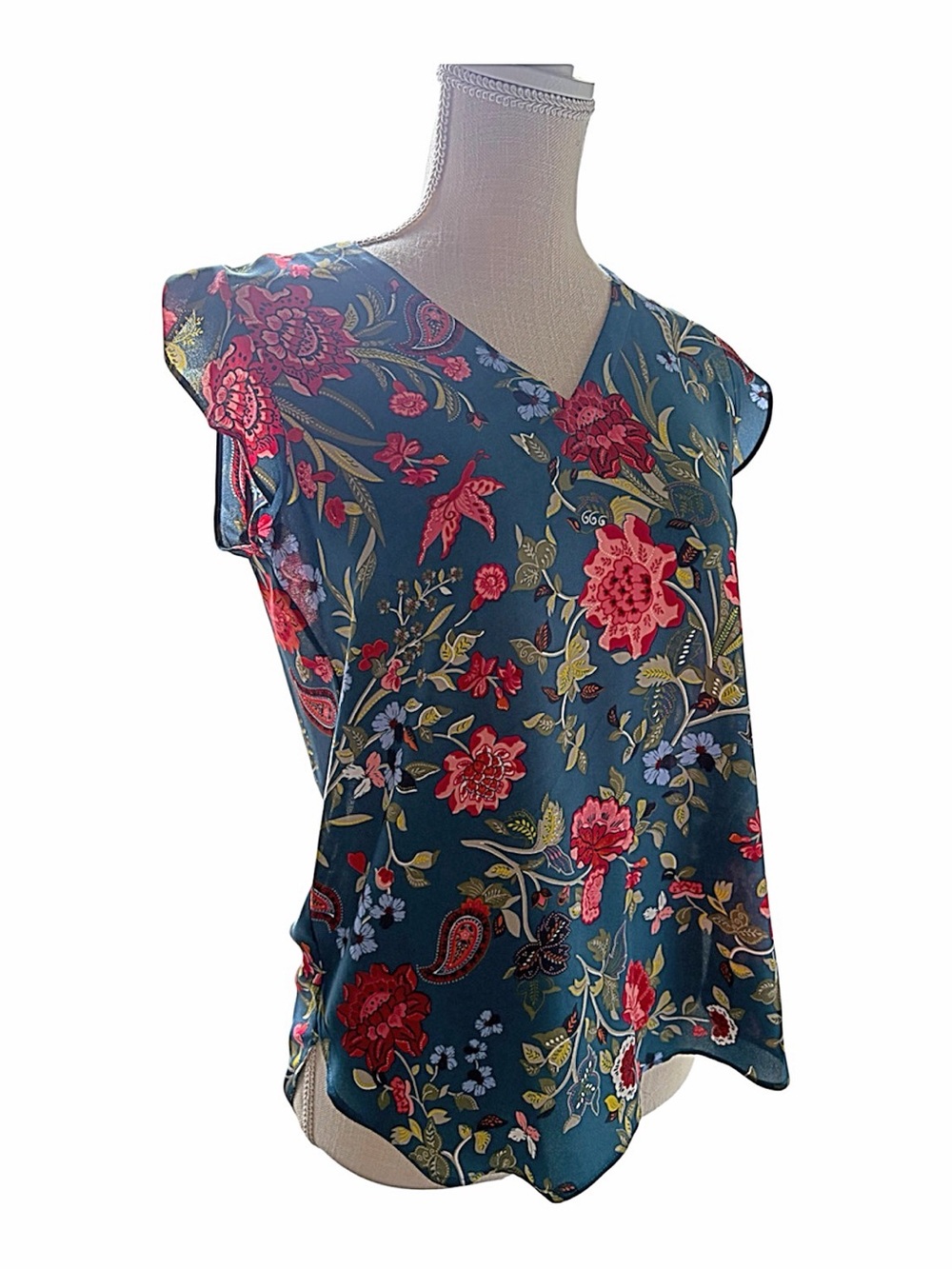 Ann Taylor LOFT Teal Floral VNeck Ruffle Cap Sleeveless Blouse-Size XS-Like New!